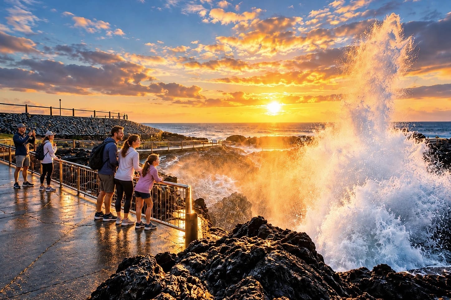 Waves bursting over the rocks at the Kiama Blowhole as a family watches from the viewing platform, the sun low over the sea